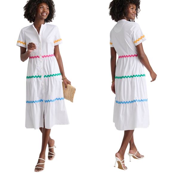 UNTUCKit Stretch Cotton Ric Rac Tiered Button Front Justine Dress White size 8 - Picture 1 of 6